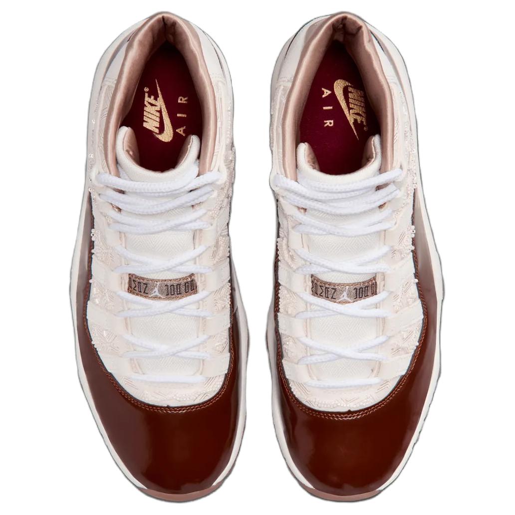 Jordan Кроссовки Air 11 из лакированной кожи, высокие, винтажные, баскетбольные, унисекс, бежевые с красными элементами — фото 4