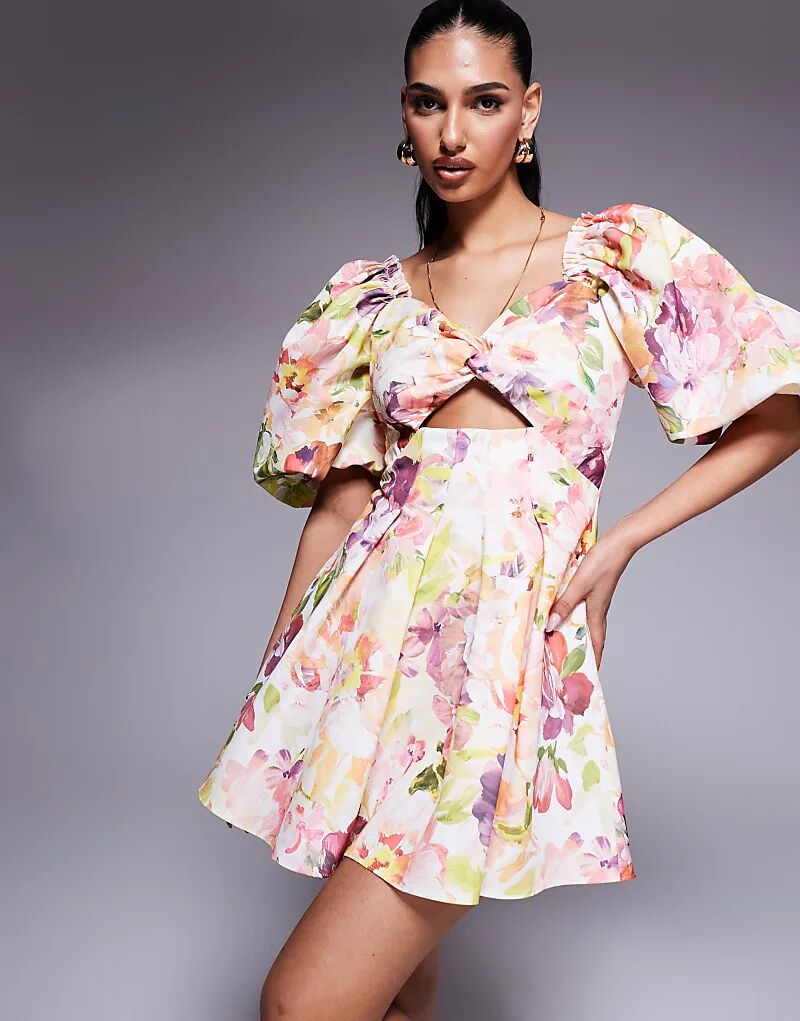 

Платье-рубашка с цветочным принтом ASOS LUXE, перекрученным спереди, рукавами-буфами