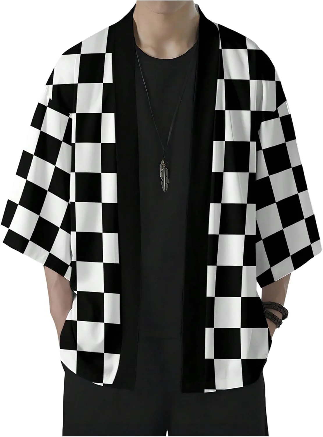 

Мужской кардиган в клетку с 3/4 рукавом WDIRARA