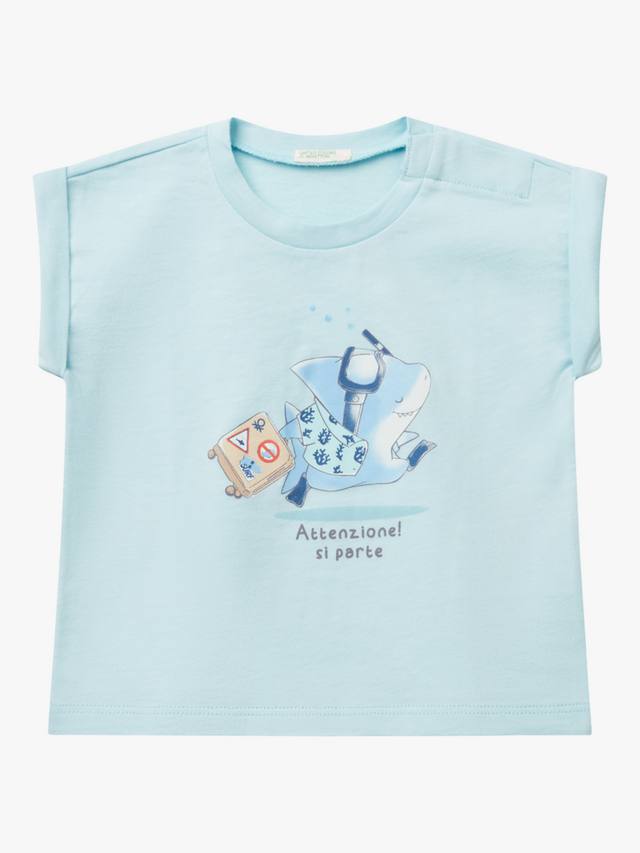 

Детский хлопковый топ с коротким рукавом и принтом Benetton, Light Blue Powder