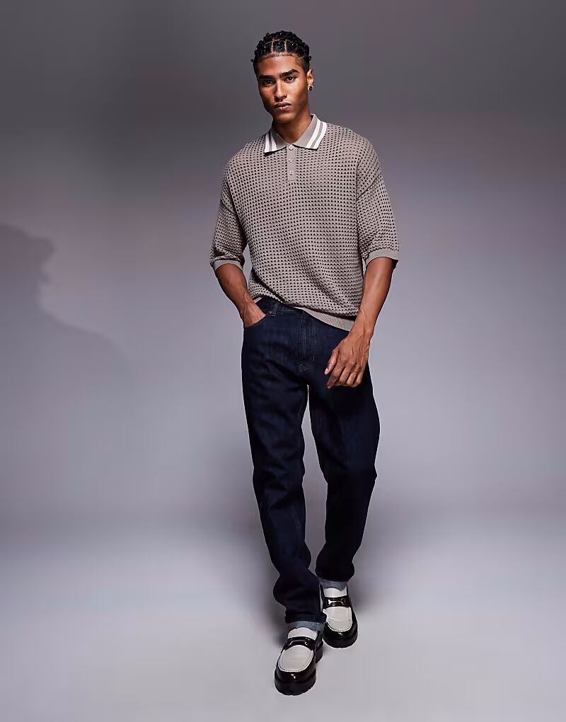 

Свободный трикотажный поло свободного кроя с отделкой на воротнике коричневого цвета Asos Design, Коричневый, Свободный трикотажный поло свободного кроя с отделкой на воротнике коричневого цвета Asos Design