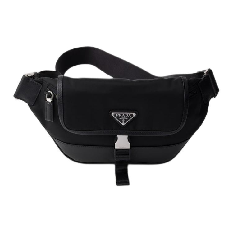 

PRADA Чёрный мужской рюкзак через плечо из переработанного нейлона с сафьяновой кожей