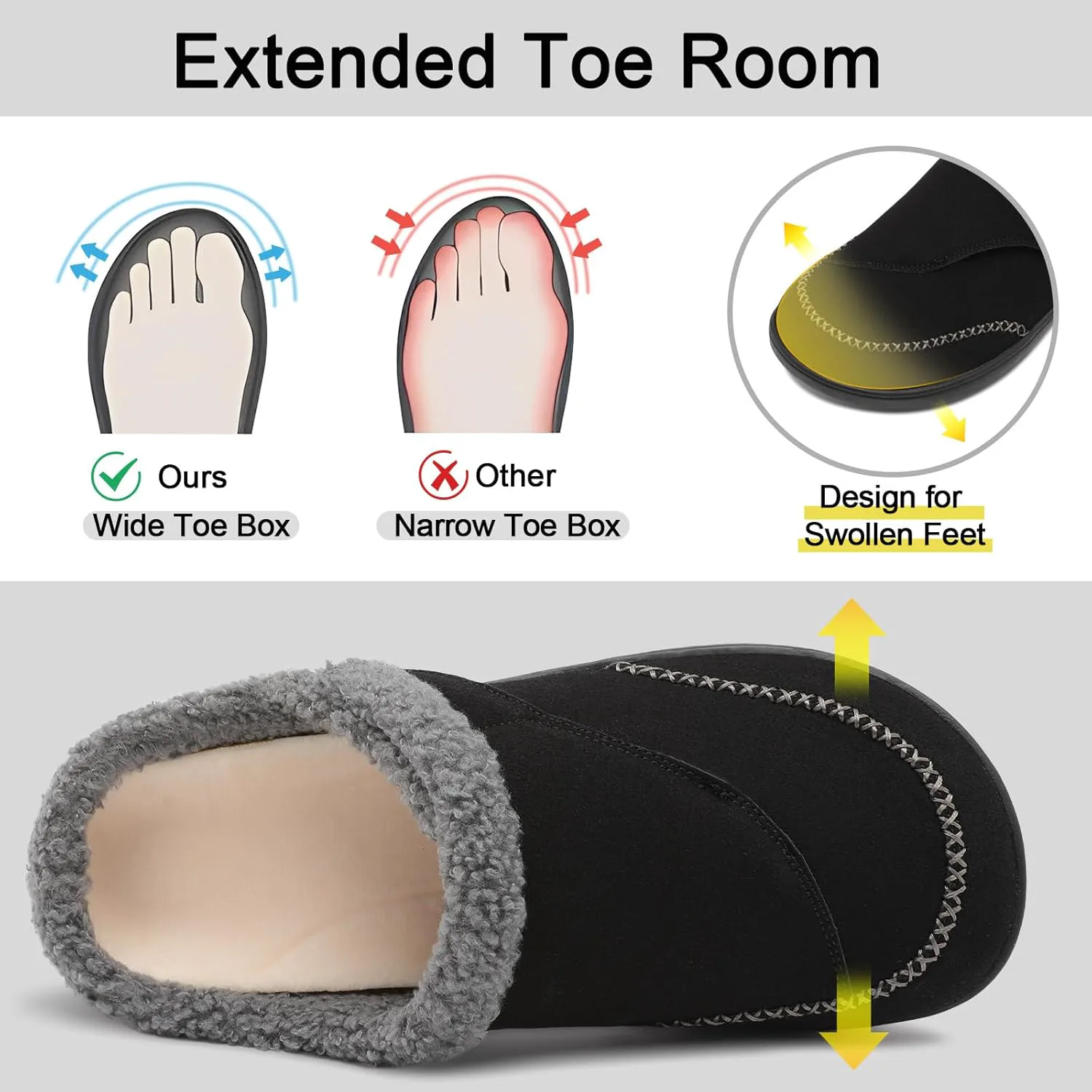 Мужские тапочки relxfeet широкие, регулируемые, ортопедические для диабетиков, с поддержкой свода стопы, для дома и улицы, с удобной посадкой, теплые сабо для распухших ног и облегчения при подошвенном фасциите, черный — фото 3