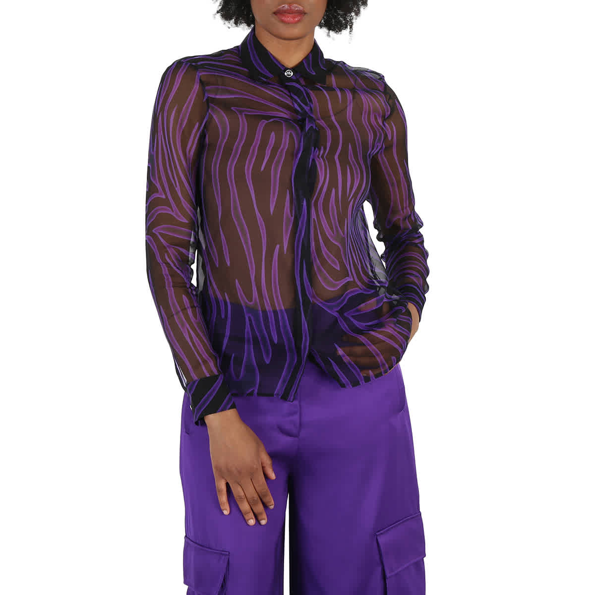 

Женская шелковая блуза Versace с длинными рукавами и прозрачной отделкой, Black+Orchid