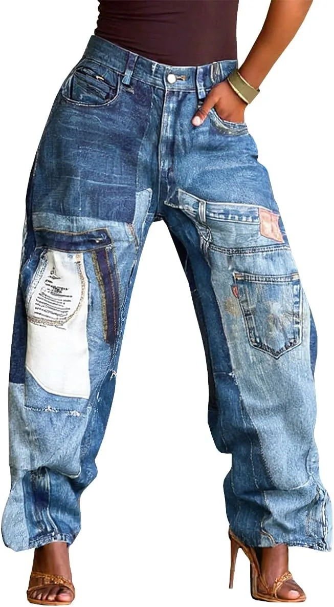 

Женские джинсы с высокой талией в винтажном стиле с принтом TACSTRUN