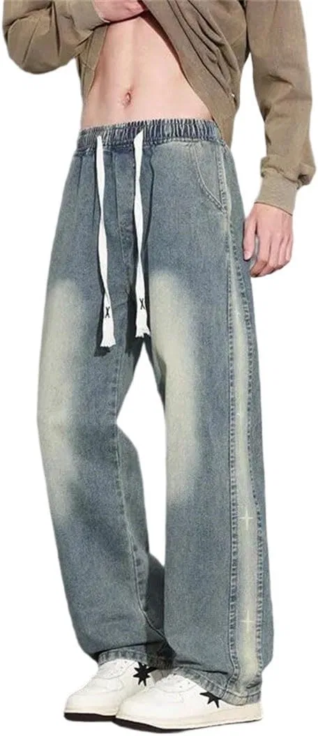 Джинсы прямые свободные Men's Street Style Denim Jeans, ретро-синий