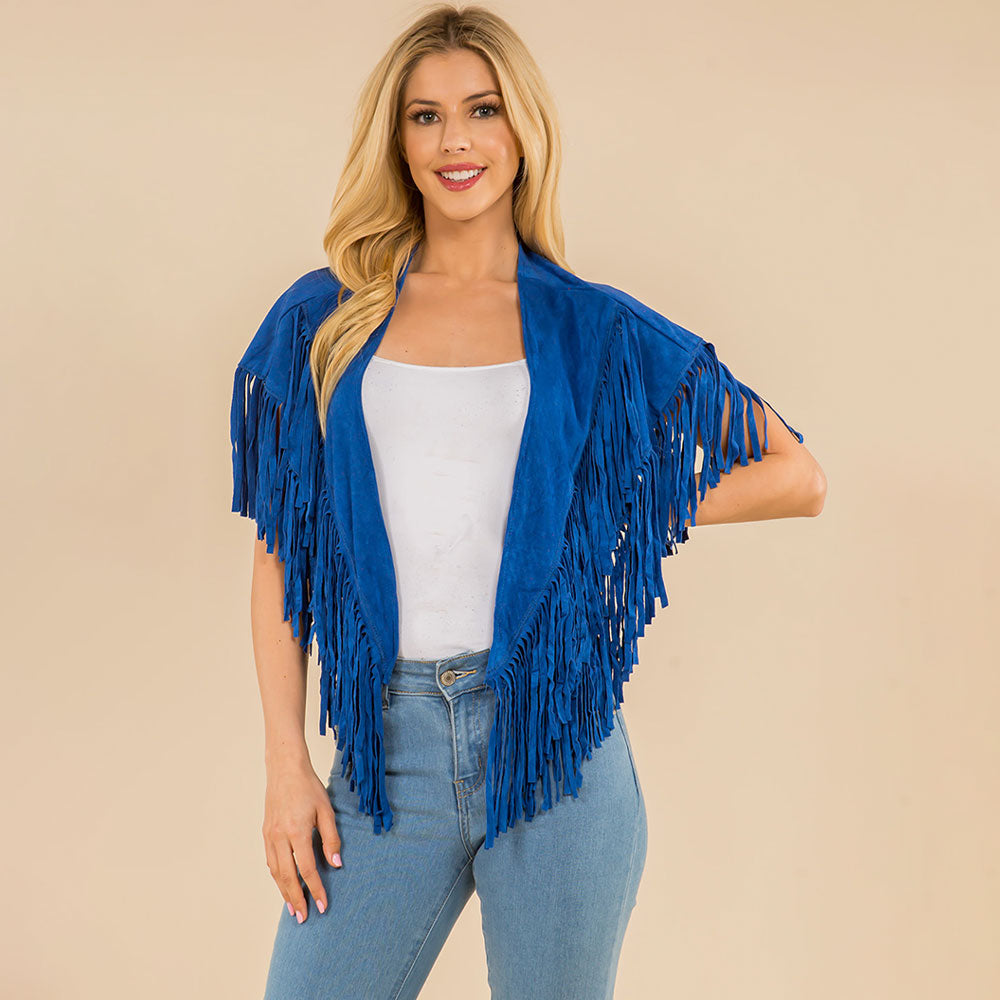 

Искусственная замша с открытой передней частью западный кисточки шаль пончо TRUEDAMES, синий