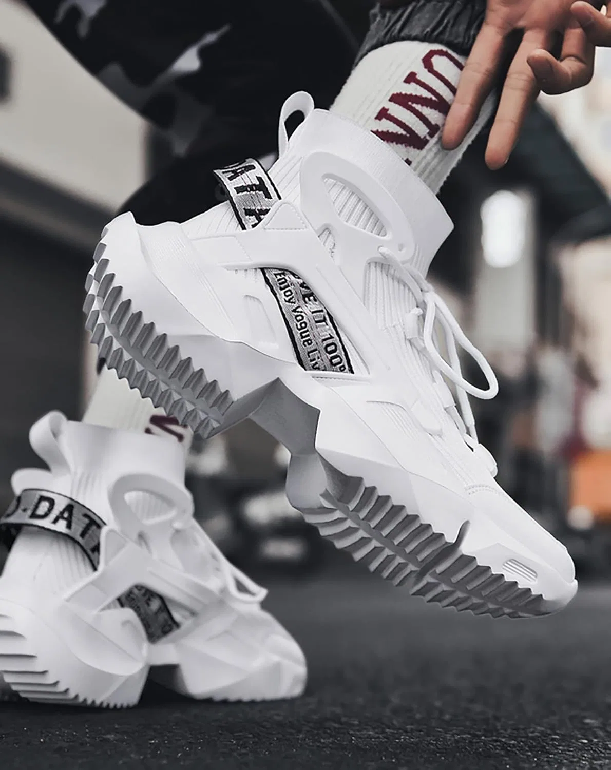 Кроссовки Niepce Inc Streetwear High Top Fashion Men's Knit Chunky Trainers, White 803 — фото 2