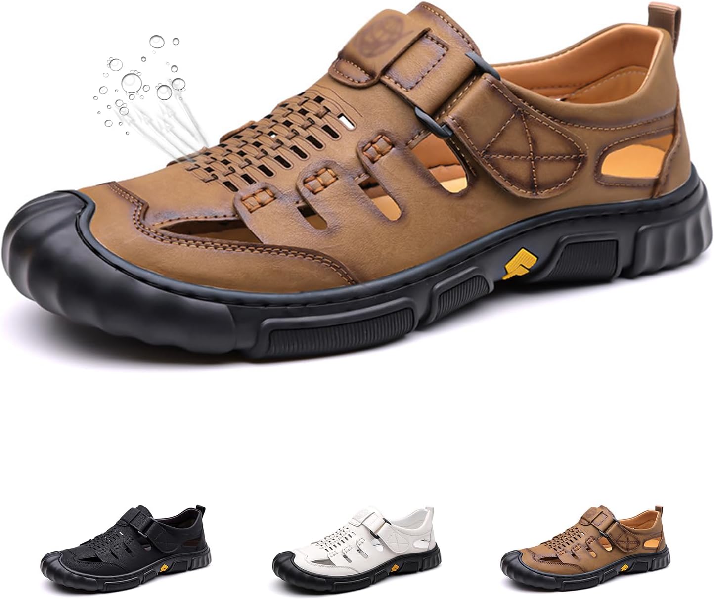 

Мужские сандалии из кожи с закрытым носком, пляжные, с регулируемой застежкой, легкие, удобные, дышащие, для активного отдыха, походов, водных видов спорта и пляжа Generic, коричневый