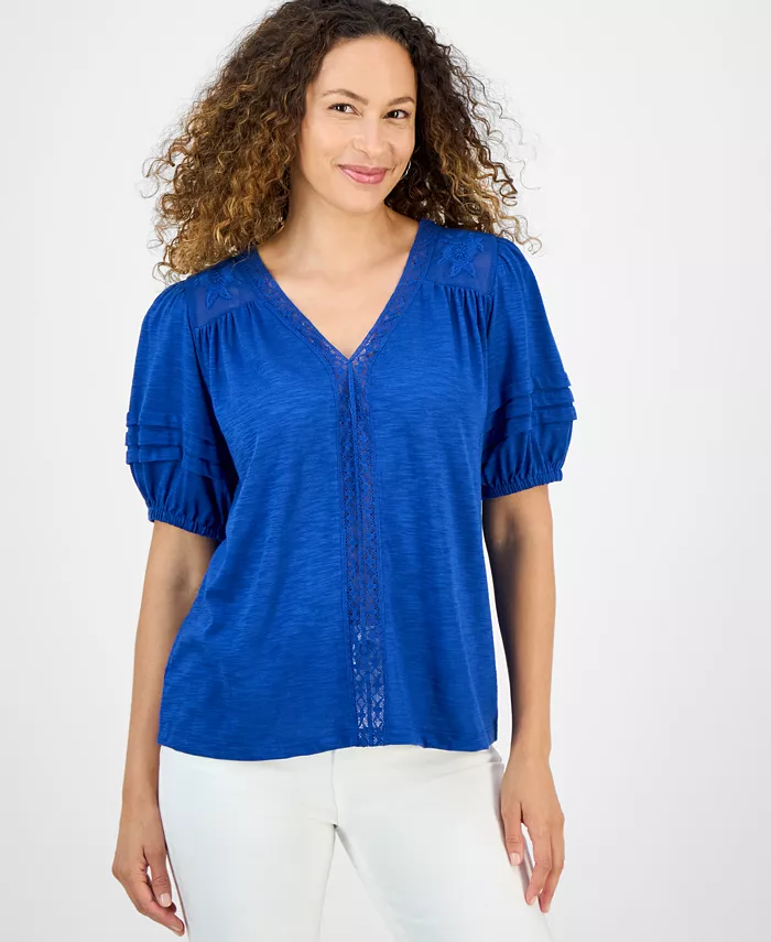 

Повседневный топ с комбинированной отделкой Petite Mixed Trim Top Style & Co, синий