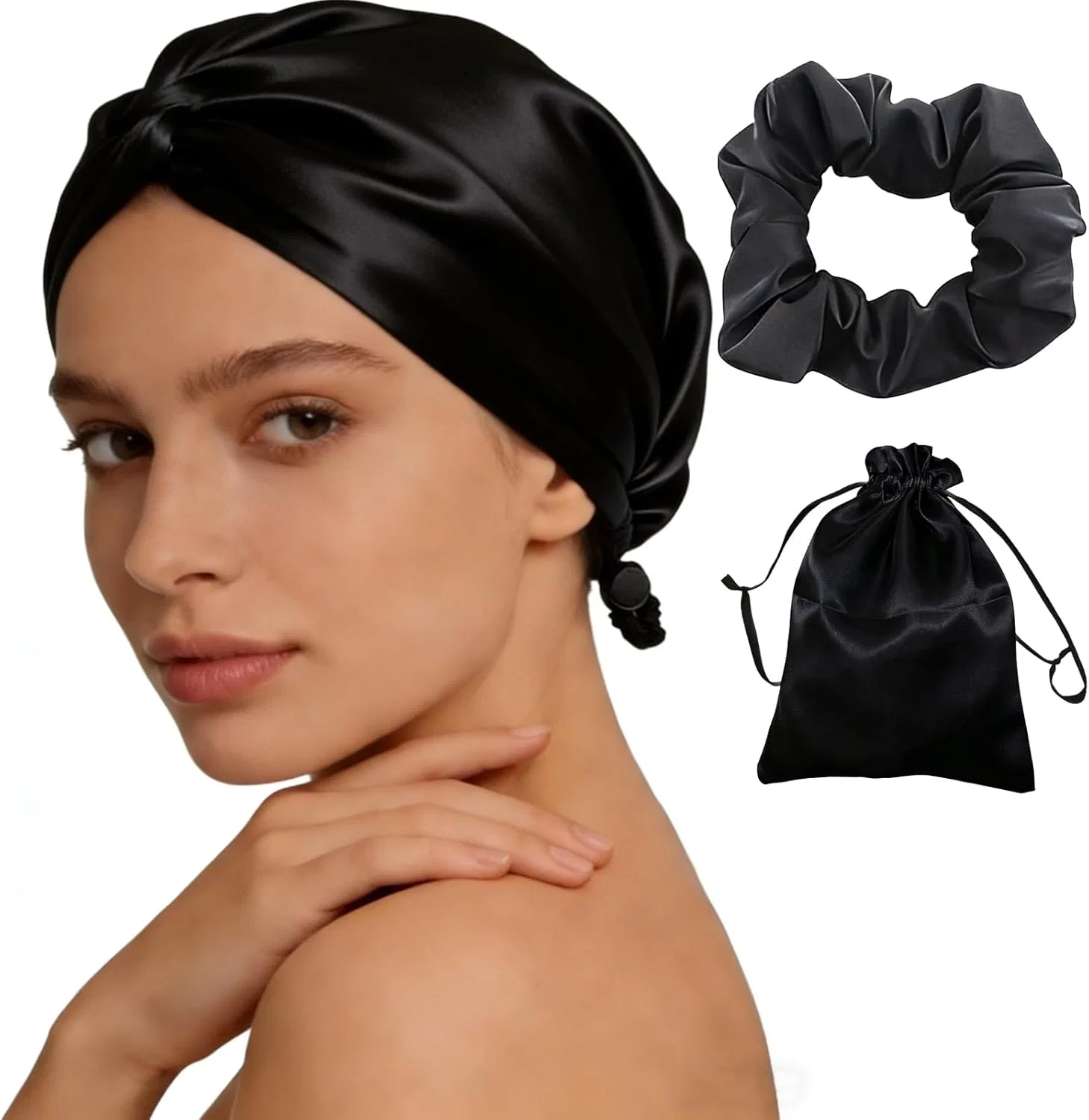 Регулируемая шелковая шапочка для сна Doineufl, Black