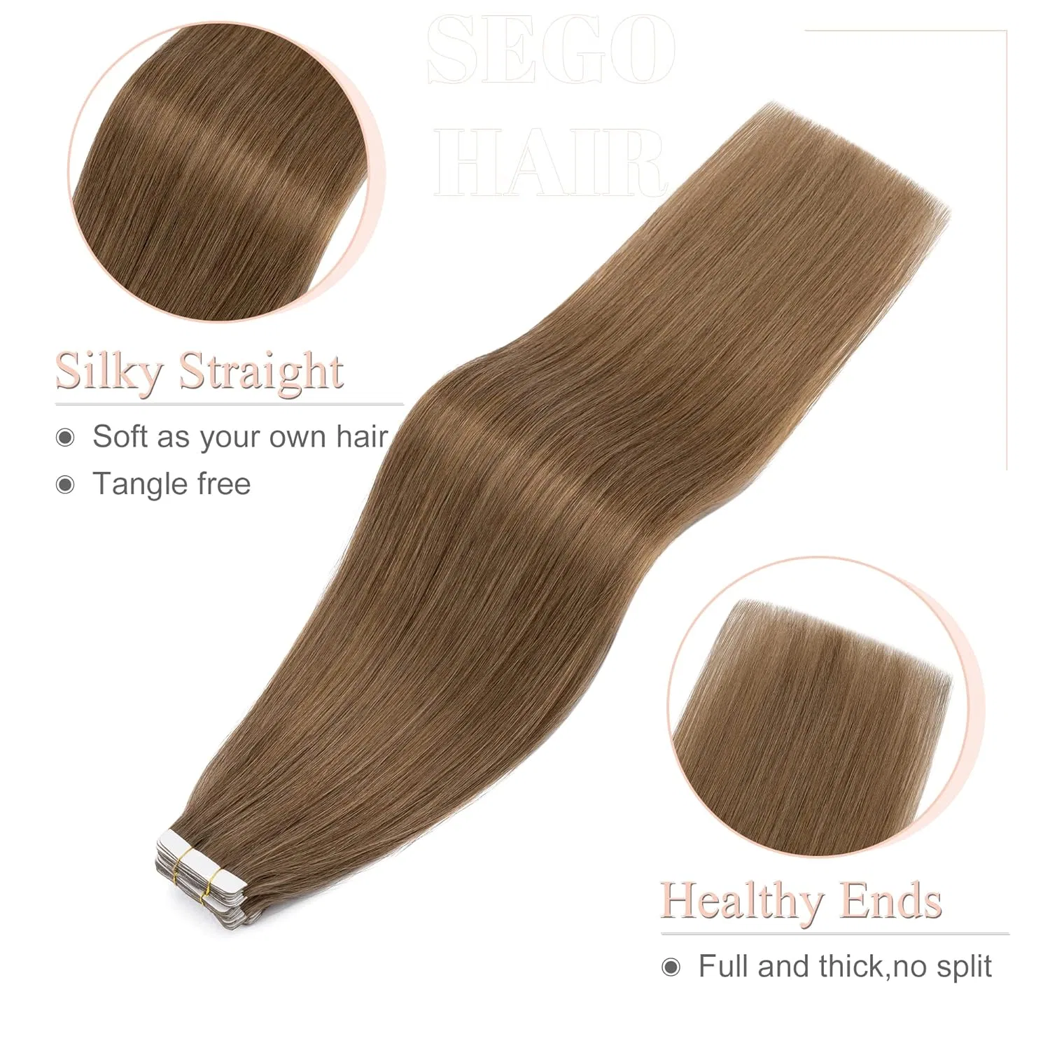 Накладные пряди для наращивания волос, 100% натуральные волосы Remy Sego, Light Brown #6. — фото 4