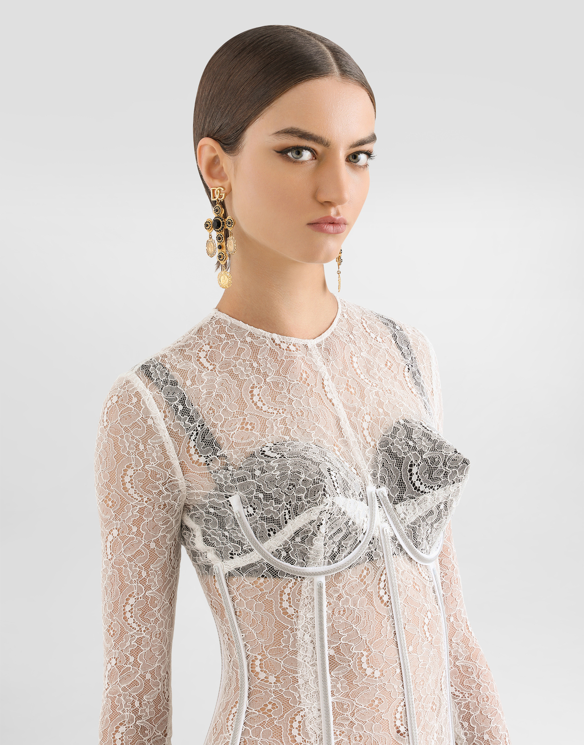Кружевное платье миди с корсетным декором Dolce & Gabbana, белый — фото 4