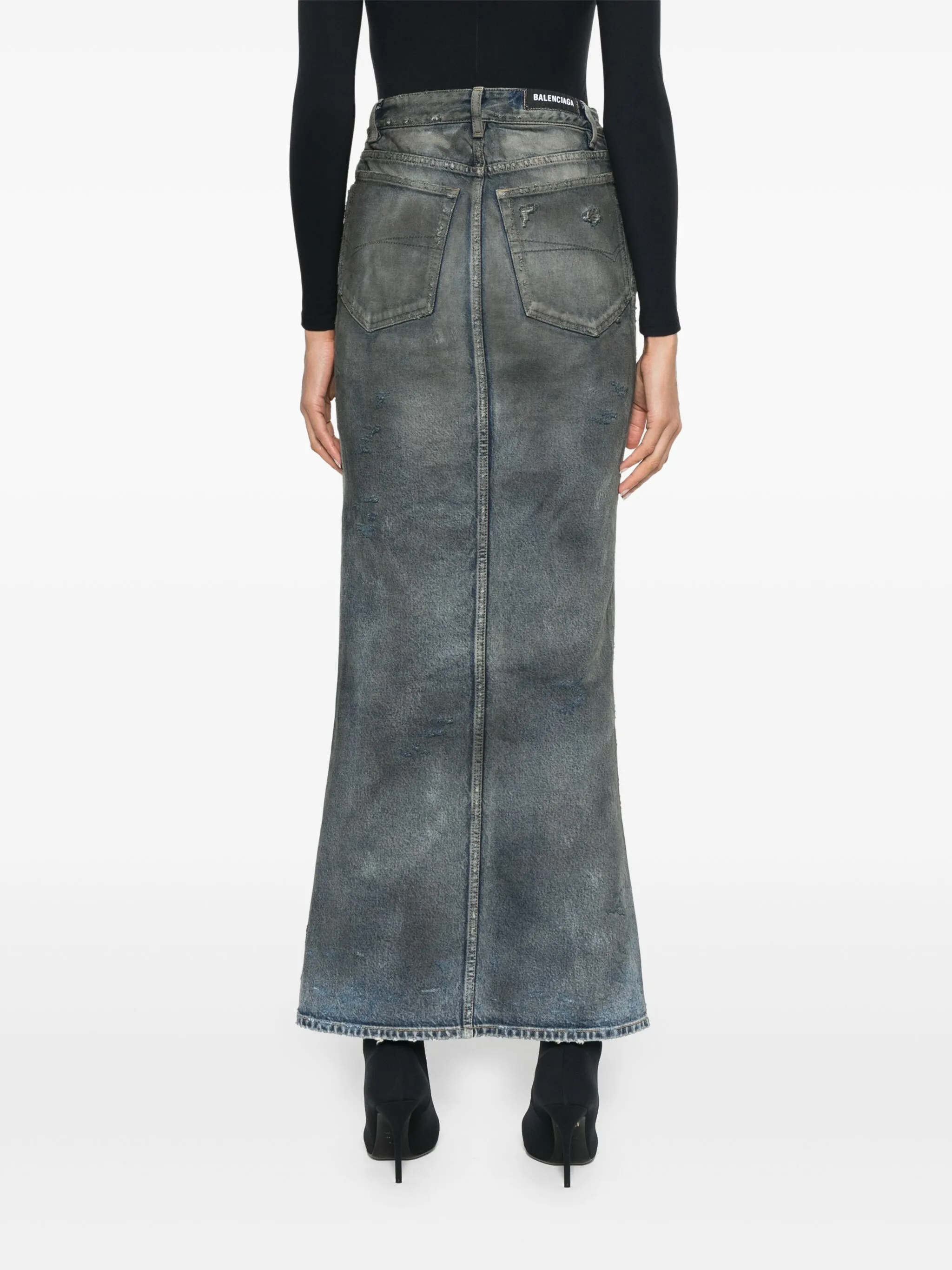 Джинсовая юбка макси с эффектом потертости Balenciaga, серый — фото 4