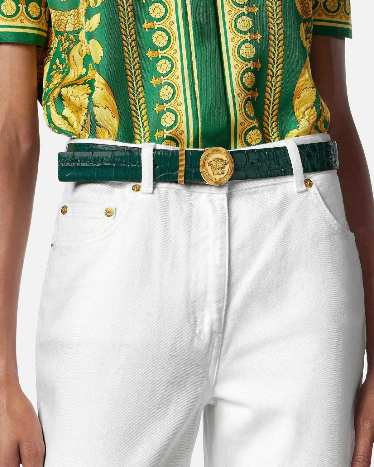 Ремень Medusa Biggie с эффектом кожи крокодила, ширина 1,2 дюйма VERSACE, зеленый — фото 3
