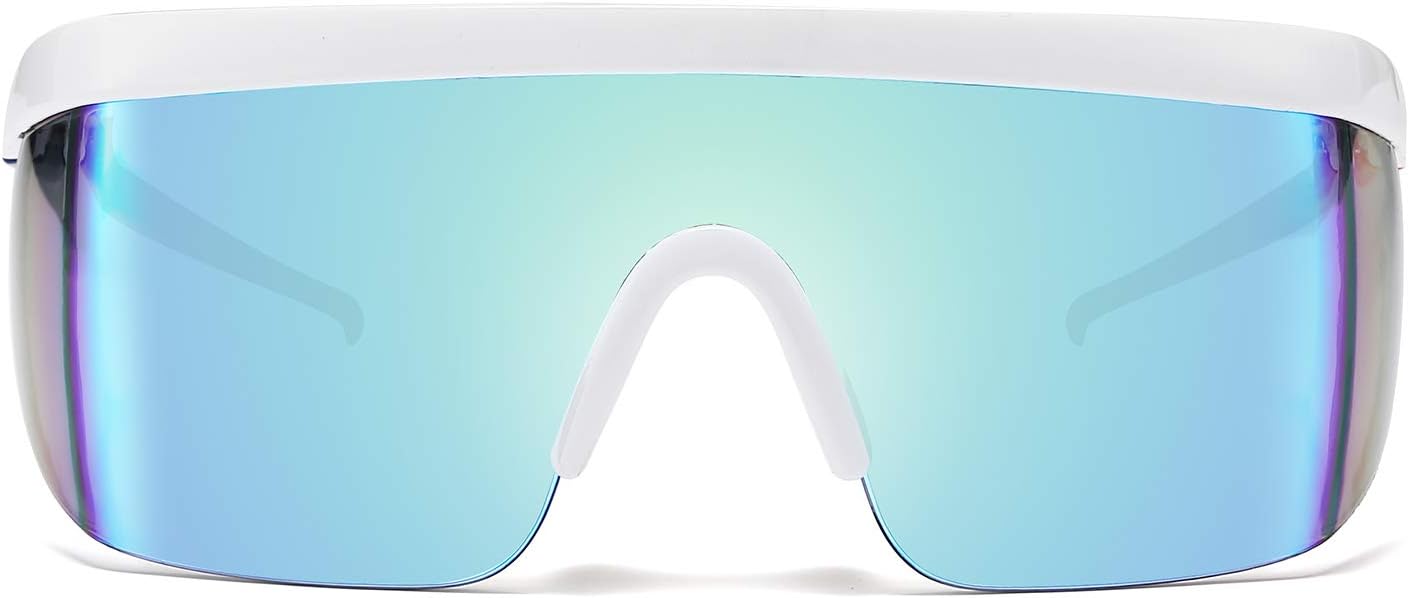 

FEISEDY Большие зеркальные спортивные солнцезащитные очки в стиле 80-х, горнолыжные очки с плоским верхом, цельные, футуристический козырек, для женщин и мужчин, B2522, 001 White Frame Blue Mirrored Lens