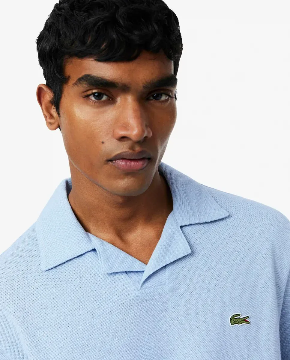 Lacoste Мужское поло классического кроя, смесь хлопка и льна, синее, с коротким рукавом — фото 3