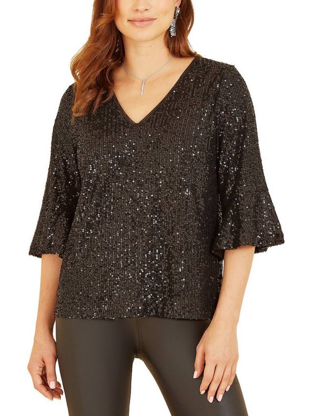 

Топ с флейт-рукавами и пайетками Yumi, Black