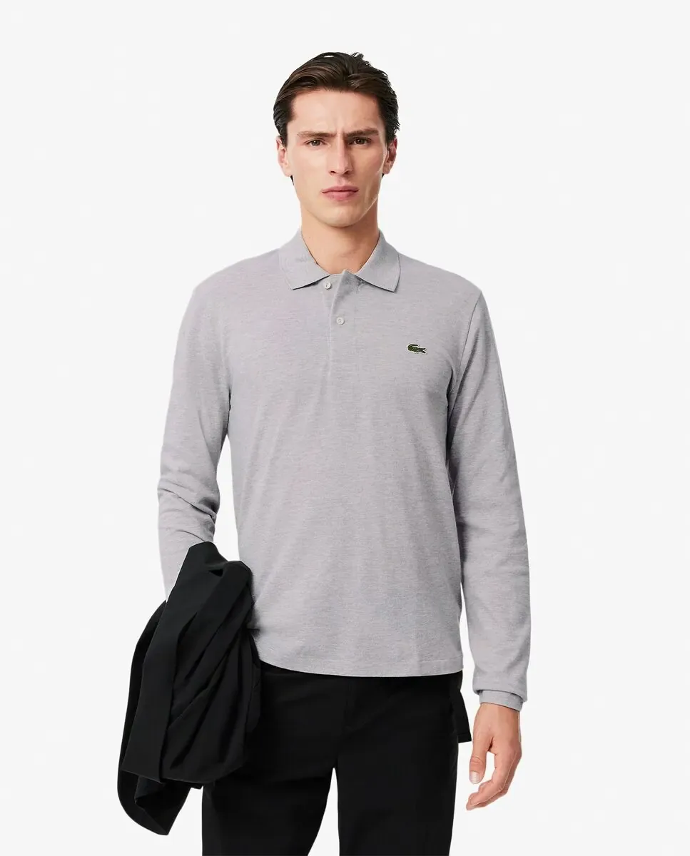 Мужское поло классического кроя с длинными рукавами Lacoste, светло-серый