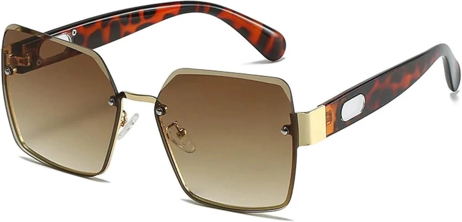 

Модные солнцезащитные очки без оправы класса люкс для женщин и мужчин, для вождения на открытом воздухе, защита от УФ-излучения UV400 TKKTLLT, Leopard Gradient Tea