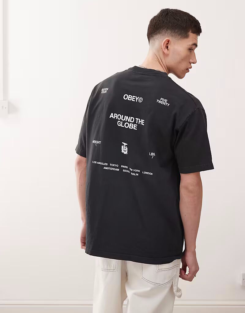 

Футболка с принтом Obey Around the Globe и принтом на спине в винтажном пигментном черном цвете