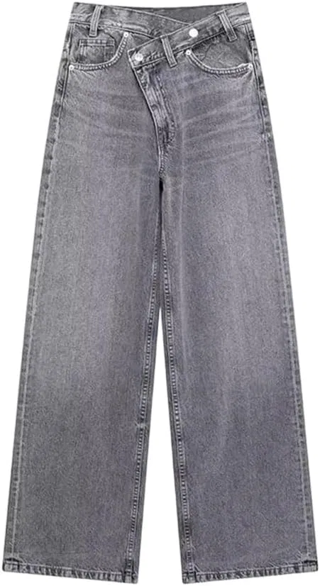 Джинсы прямые с застежкой на молнии, Retro High-Waisted Long Pants, Gray9