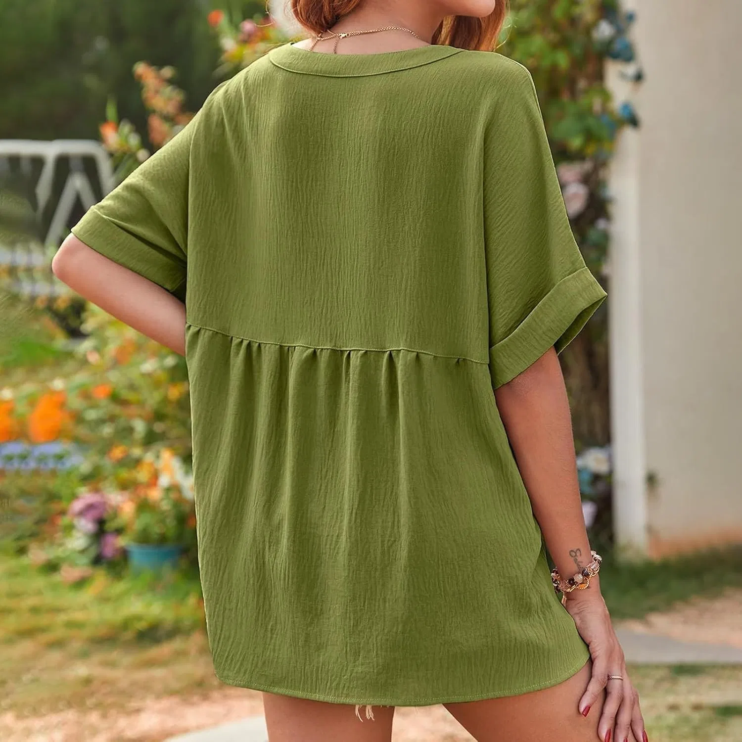 Блуза свободная с V-образным вырезом, Oversized, из коллекции, зеленый — фото 3
