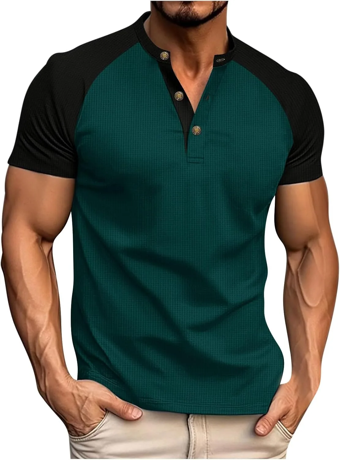 Мужская футболка-поло Henley с коротким рукавом, вязаная, Regular-Fit, Color Block
