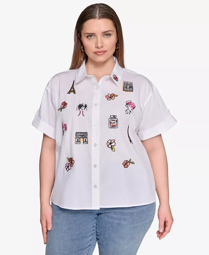 

Хлопковая вышитая рубашка-кемп Plus Size KARL LAGERFELD PARIS, белый