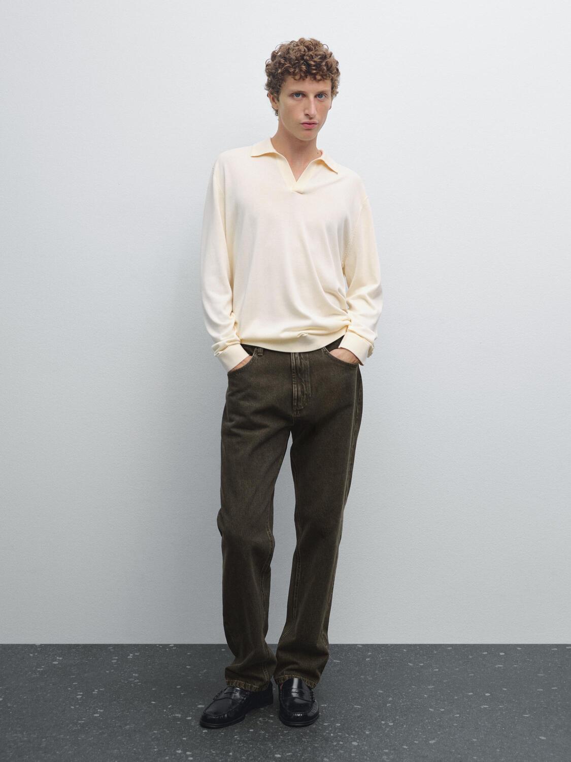 

Вязаный свитер с воротником-поло Massimo Dutti, кремовый