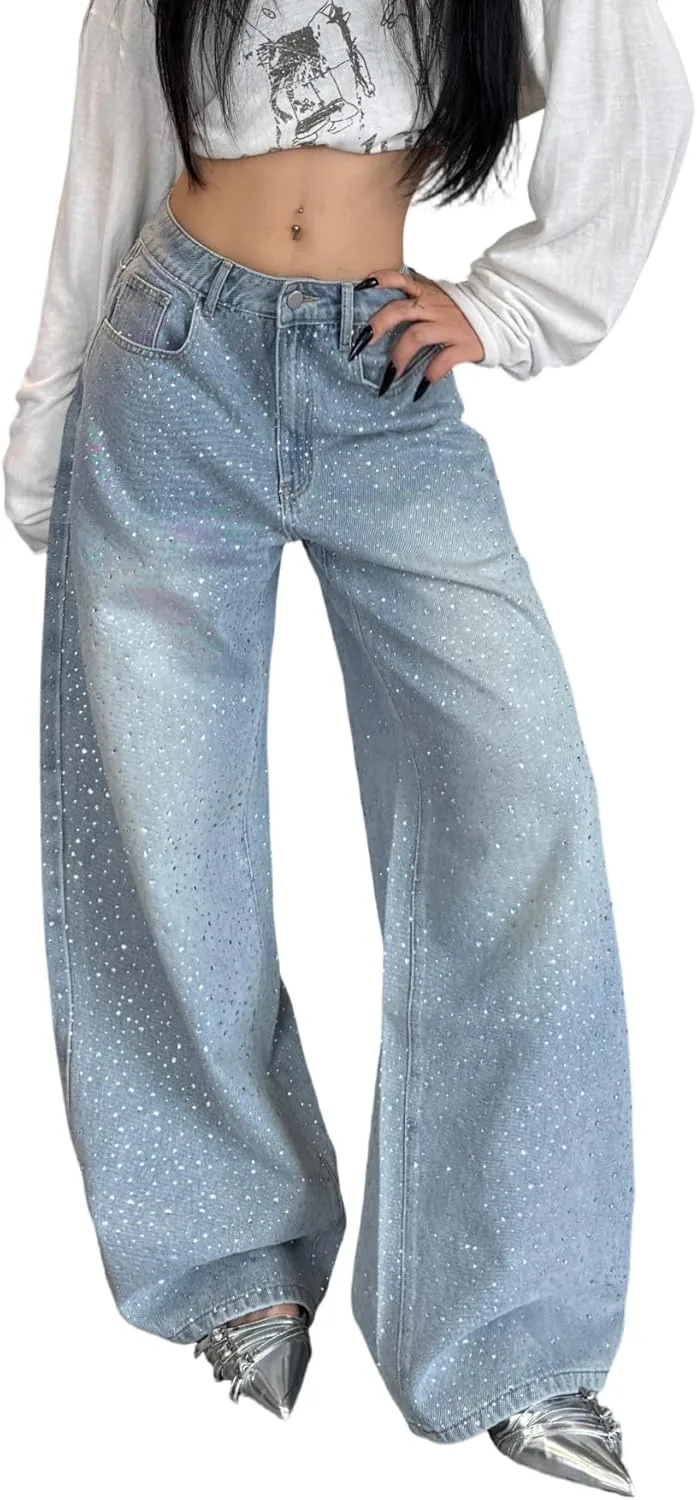 

Женские джинсы baggy rhinestone y2k wide leg с блестками OYICAI