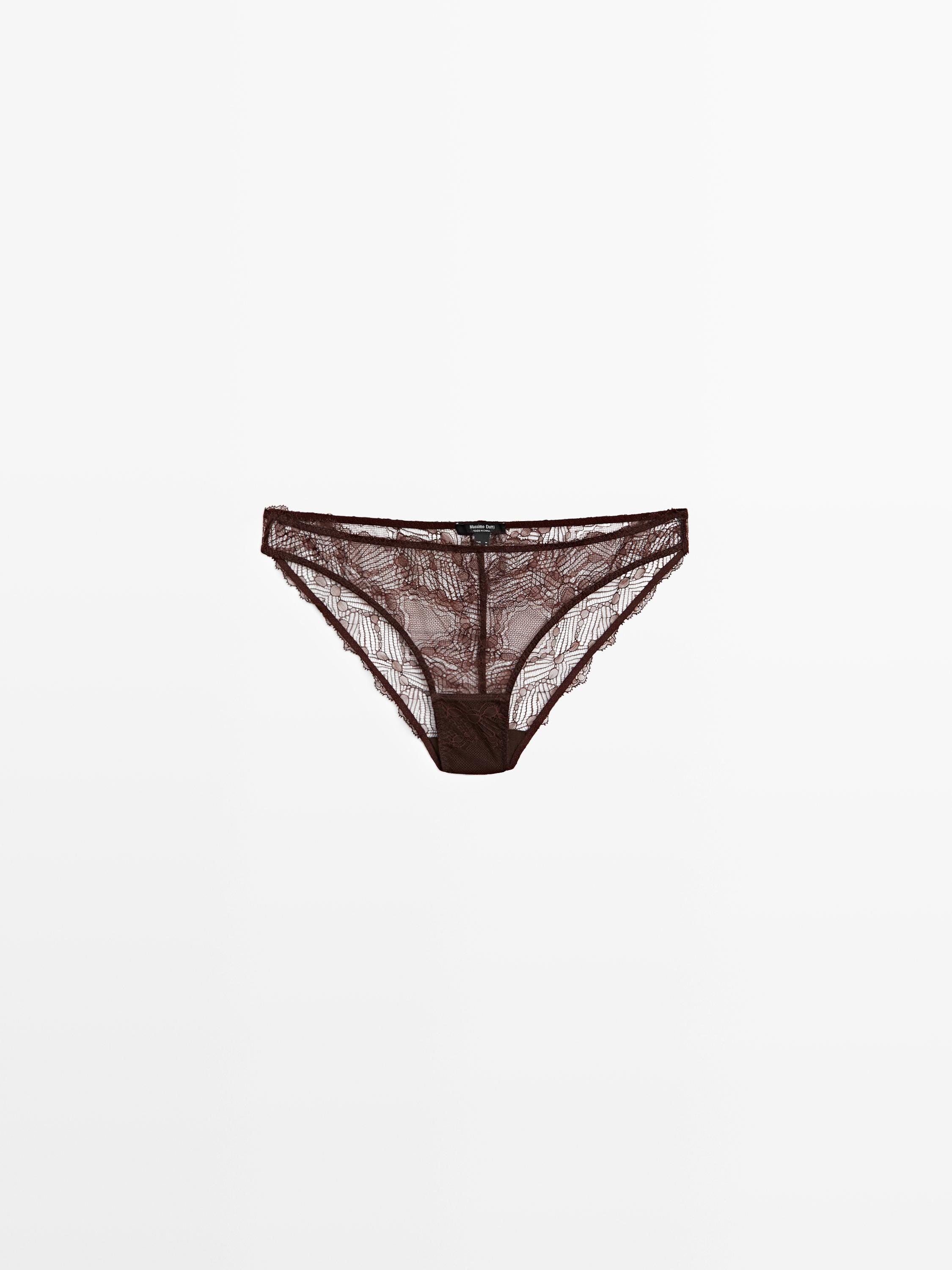 Кружевные трусы с отделкой из кружева шантильи Massimo Dutti, brown — фото 2