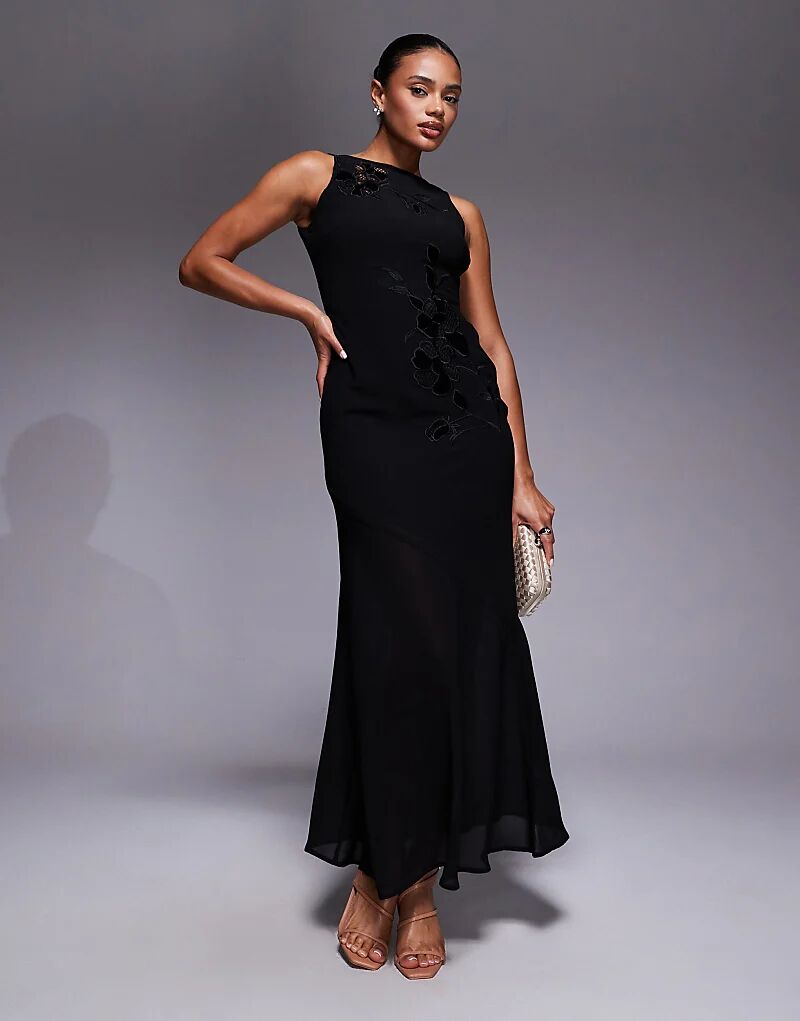 

Платье макси Rare London с цветочной вышивкой и вырезами, высоким воротом, черное