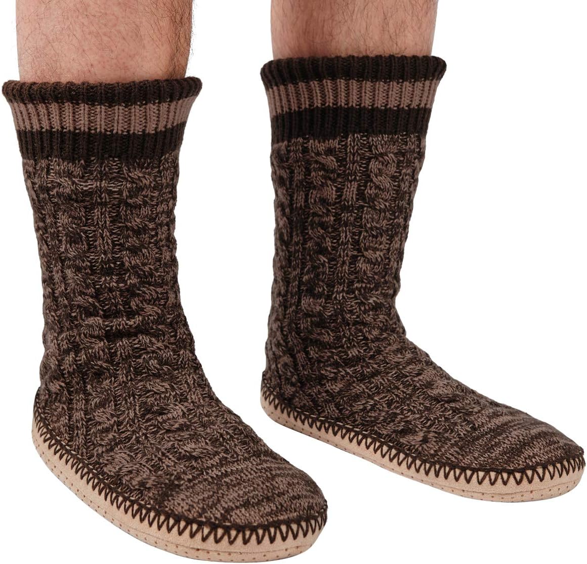 

Мужские носки-тапочки cosyone1997, зимние носки с кабельной вязкой, противоскользящие теплые носки-тапочки, уютные мягкие носки для дома с пушистой подкладкой из шерпы, коричневый