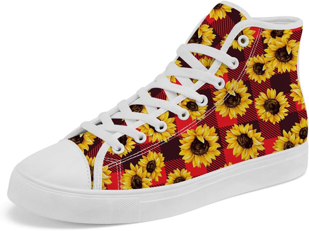 

Женские и мужские высокие кеды из холщовой ткани с рисунком подсолнухов, цветочной клеткой и тартаном, на шнуровке, повседневные обувь Chebing, красный