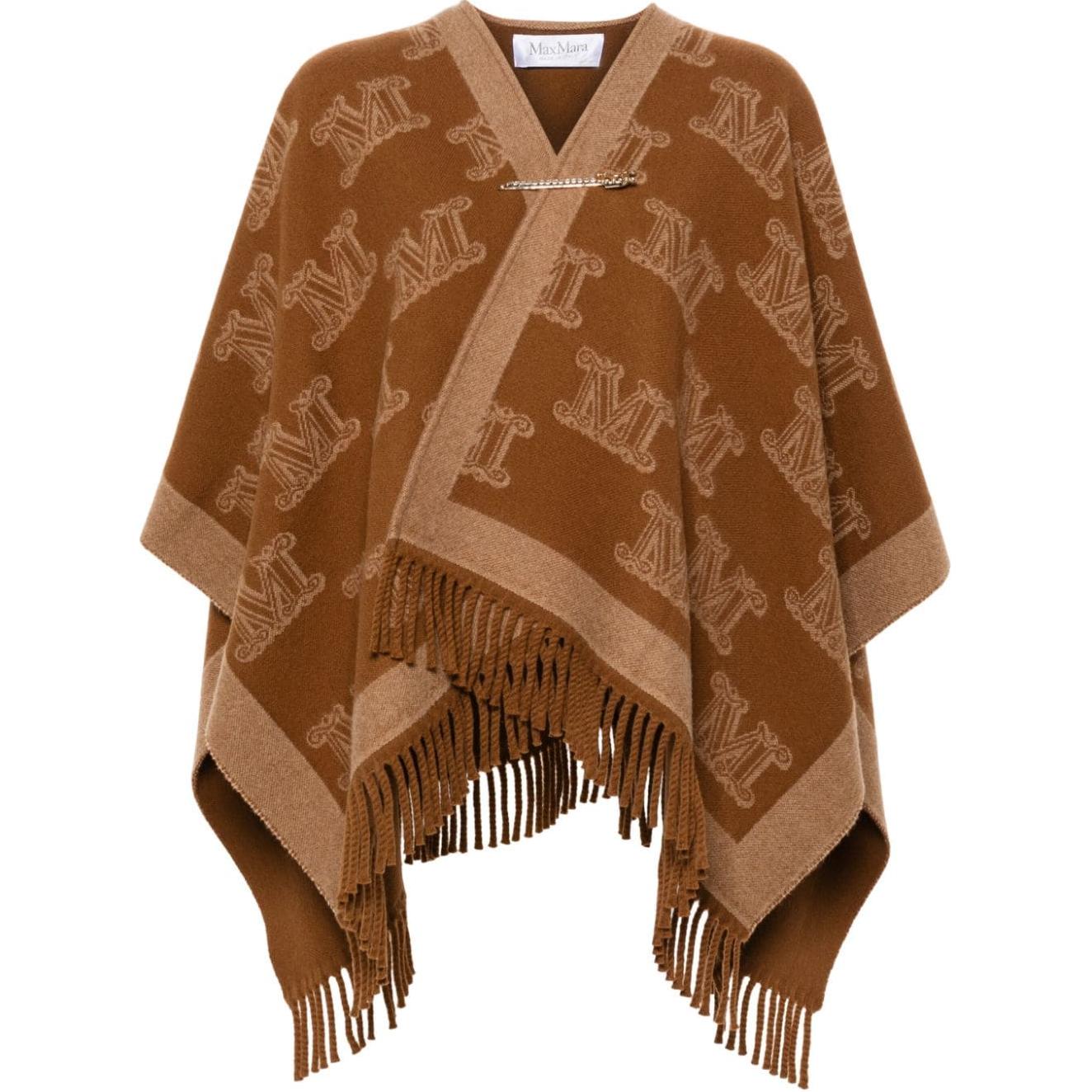 

MaxMara Плащ с бахромой и логотипом по всей поверхности, Brown
