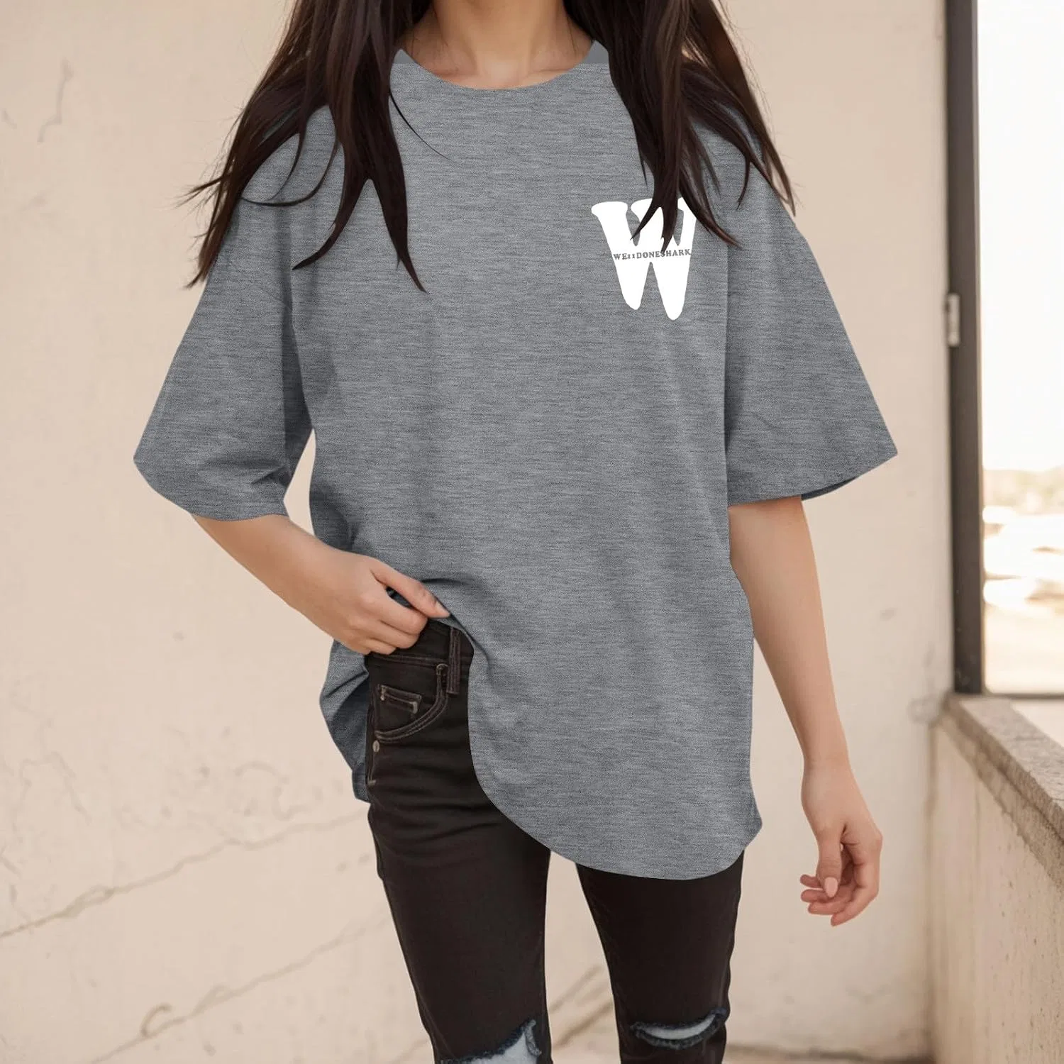 Блуза, свободная, с принтом, Women's Short Sleeve T-shirt, серый — фото 3