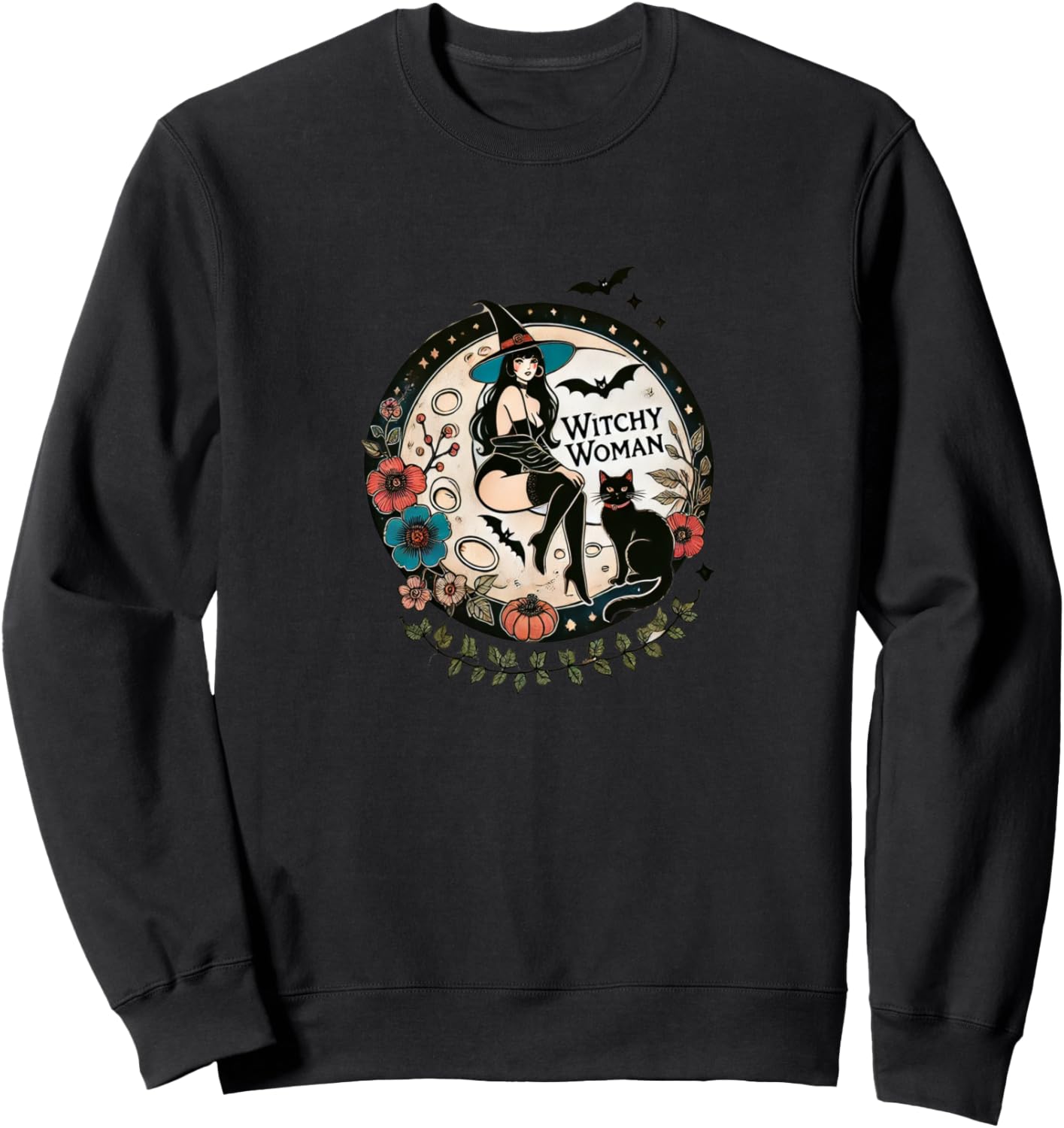 

Иллюстрация ведьмы в стиле пин-ап, толстовка с изображением лунной ведьмы Vintage Witch Loves Snugg, черный