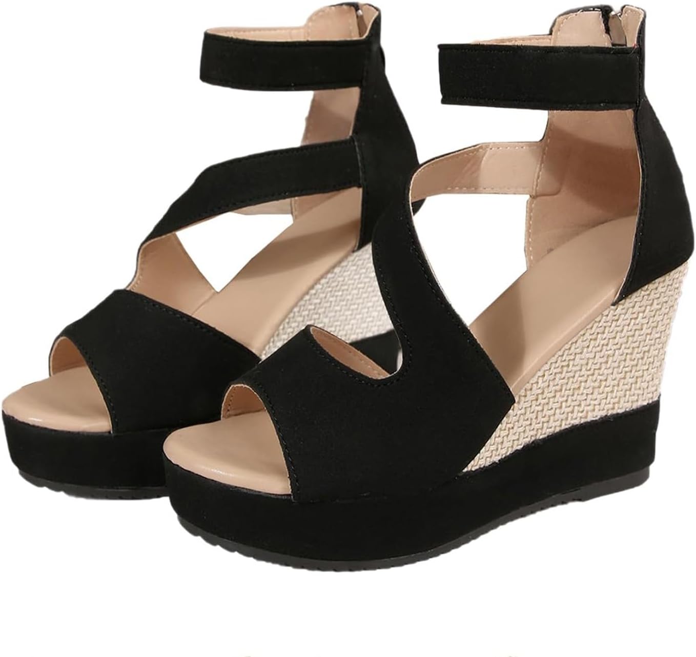 

Женские эспадрильи сандалии на танкетке, с открытым носком, высокие каблуки, с ремешком на щиколотке, летние нарядные платформенные туфли, повседневные удобные ортопедические туфли, нескользящие сандалии с задней молнией Toumov, черный