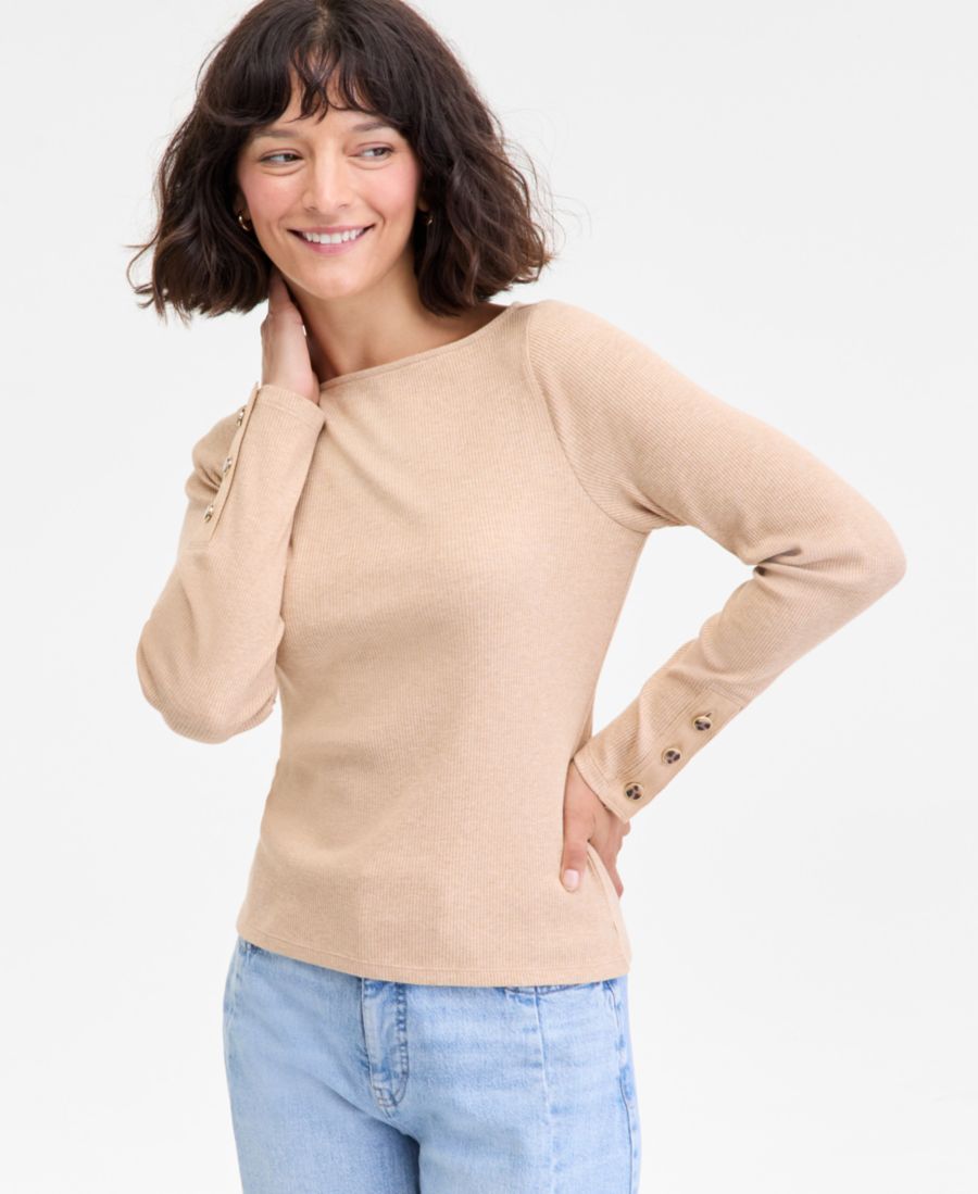 

Женская блузка с вырезом-лодочкой и манжетами на пуговицах, размеры XXS-4X On 34th, Butterscotch Chip Heather