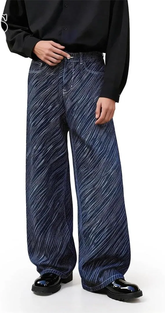 Джинсы, полосатые, Men's Japanese Korean Wave Stripe Jeans Baggy Straight Retro Casual Denim Pants, Blue — фото 2