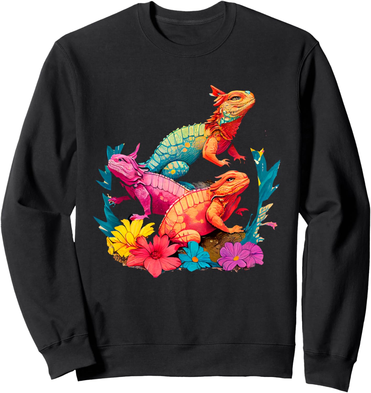 

Красочный рисунок животного - яркой игуаны. Толстовка Colorful Reptile Enthusiast Vibrant Animal Art, черный