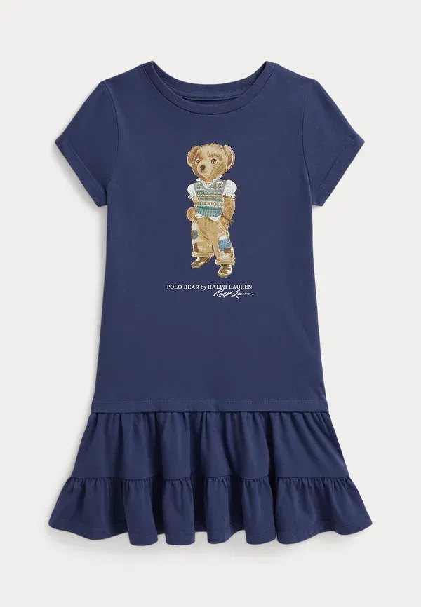Платье Polo Ralph Lauren из хлопкового джерси с ярусным дизайном и медведем, 2-6 лет, старый королевский синий