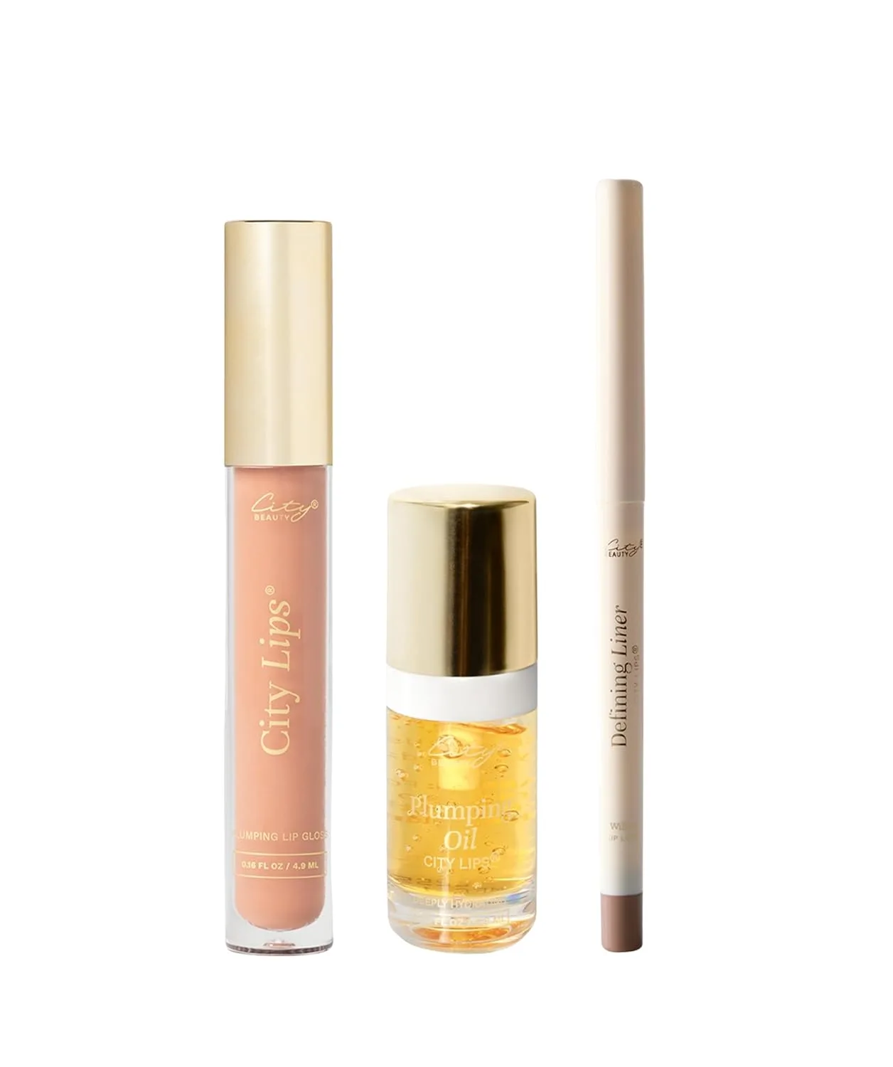 City Beauty City Lips Perfect Pout Bundle - блеск для губ Plumping Lip Gloss в оттенке Nude, карандаш для губ Defining Liner в оттенке Willow, масло для губ Plumping Lip Oil в оттенке Pink Champagne, gold