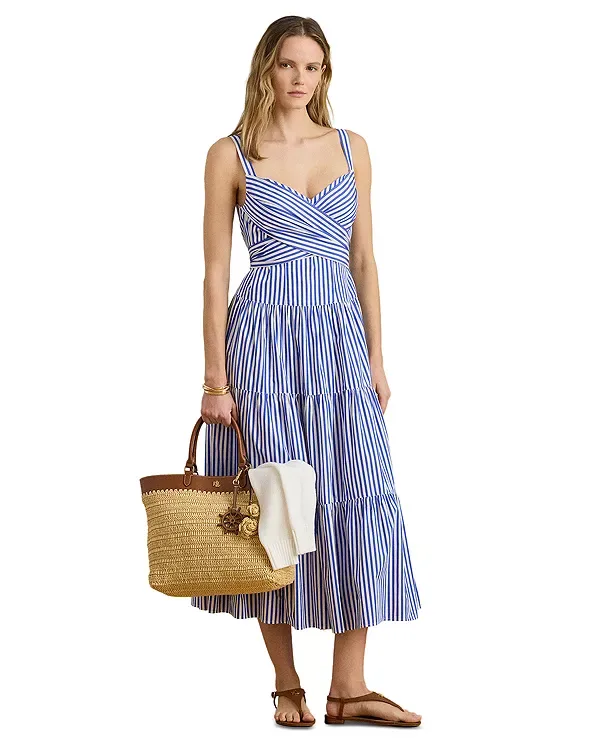 Полосатое многоярусное платье из сукна Ralph Lauren, Blue/White