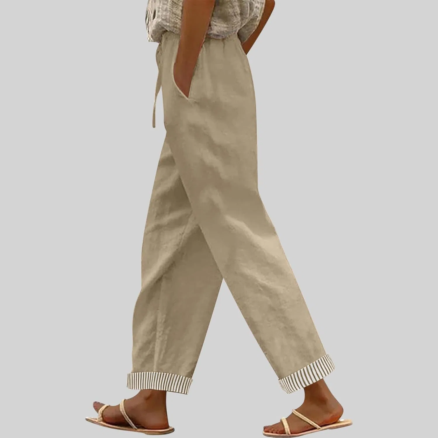 Женские брюки прямые полосатые с карманами на кулиске, Khaki — фото 2