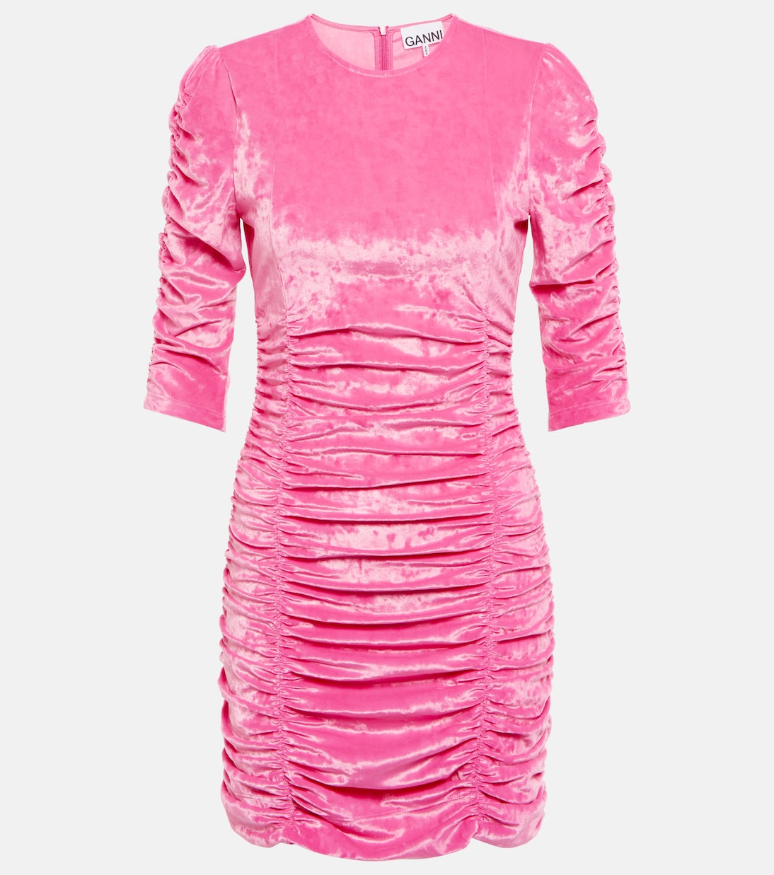 

Мини-платье из бархата с рюшами Ganni, Shocking Pink