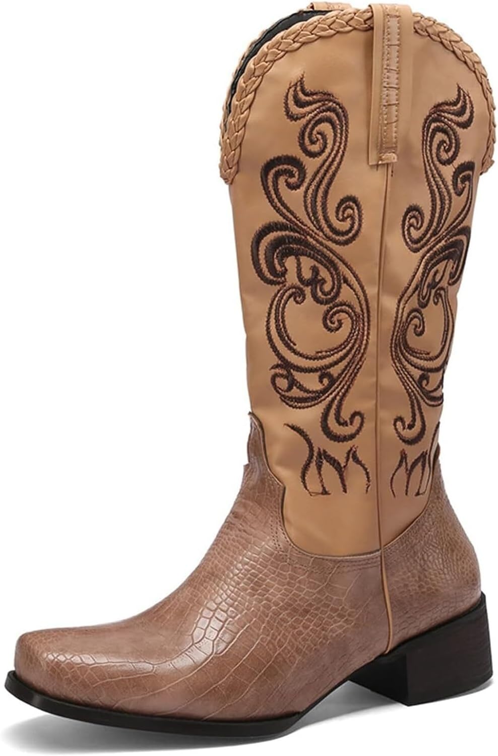 

Мужские ковбойские ботинки с квадратным носком, вышивкой и прочной западной отделкой, мужская обувь Generic, хаки