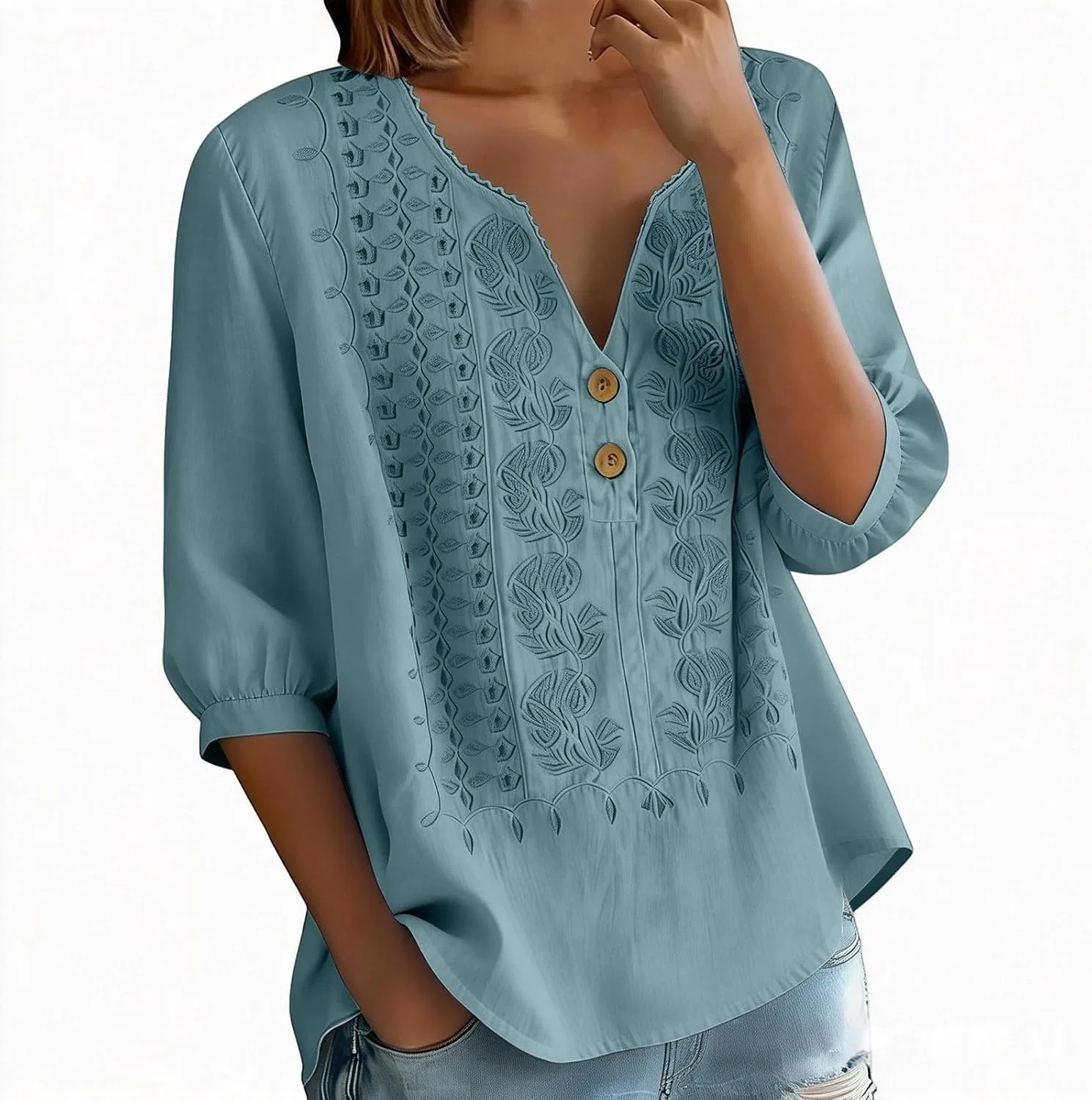Блуза с V-образным вырезом, 3/4 рукав, хлопок и лен, Mint Green — фото 2