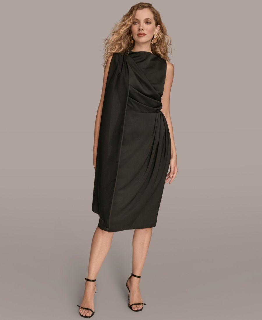 

Женское плиссированное атласное платье-футляр миди с шарфом Donna Karan New York, Black